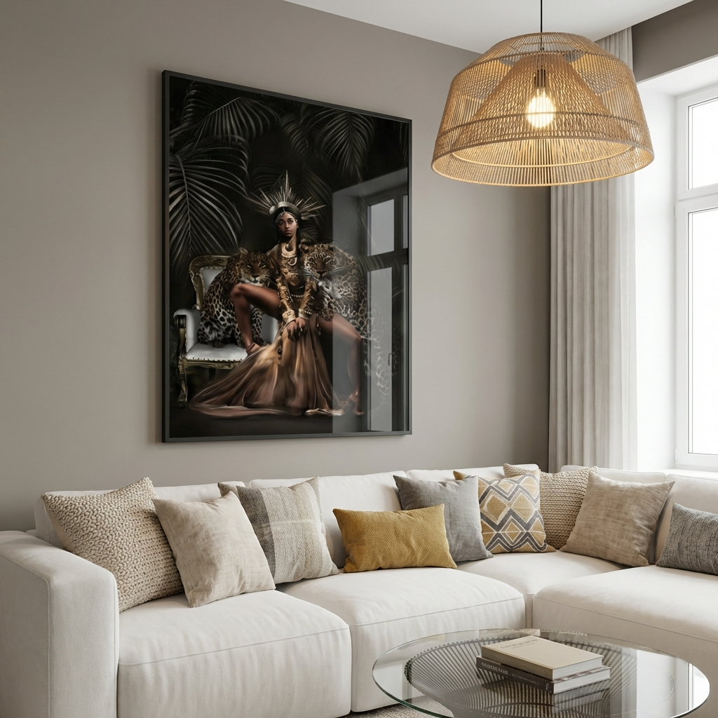 Stuen med Safi-kunstverket over sofaen